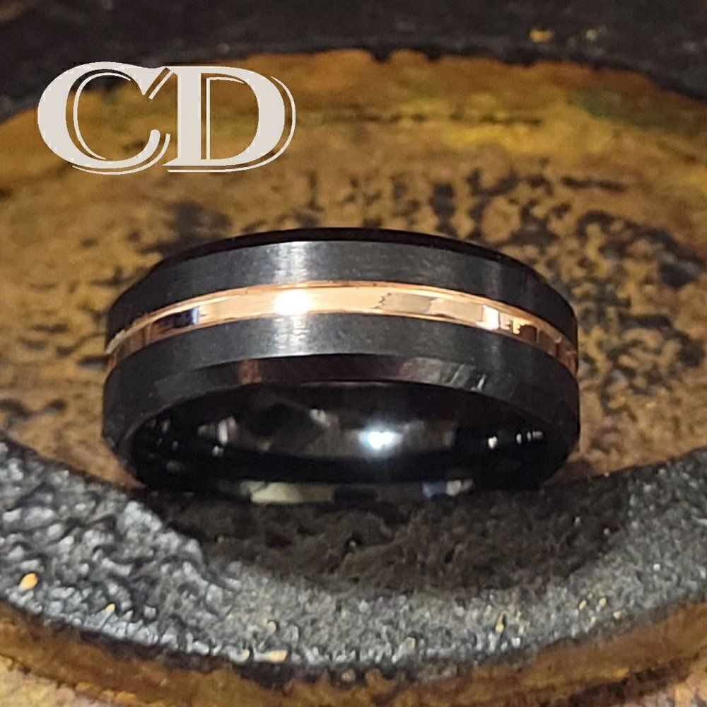Men's Real Black Tungsten Promise Ring 14K Gold Filled Center Groove Gold Line